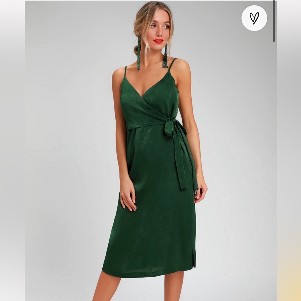 Lulus Fall In Love Forest Green Satin Midi Wrap Dress